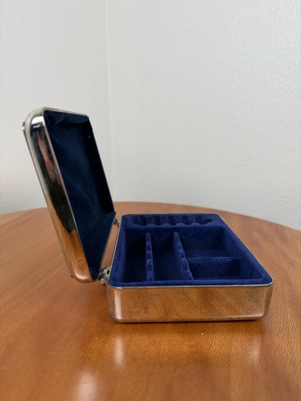 Vintage Silver Plated Jewelry Box w/ Gold Colored Bow Blue Velvet Lined